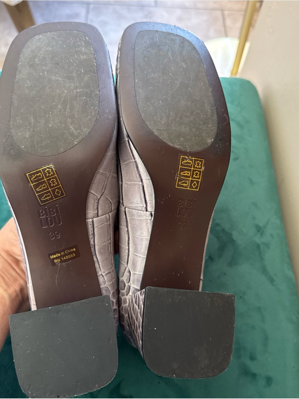 Bibi Lou Anthropologie Gray Horsebit Moc Croc Heels - Picture 8 of 14